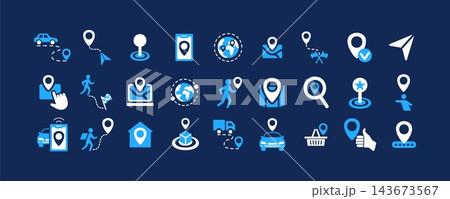 Icon location. Pin on map. Navigate geo pointer. GPS marker place, address. Symbol direction, search arrow. Route travel. Digital sign for transportation tracking and destination finding. Vector set 143673567