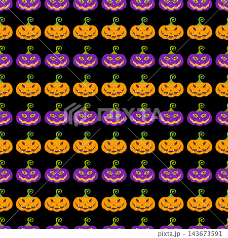 Black Halloween seamless pattern with orange and purple jack o lantern rows 143673591