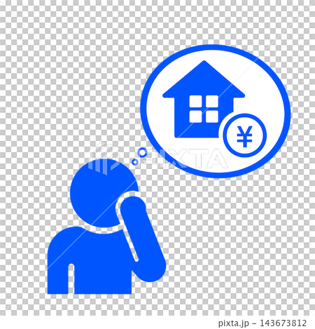 A pictogram (blue) of a person worried about the cost of buying a house. A pictogram (blue) of a person worried about the cost of buying a house. 143673812