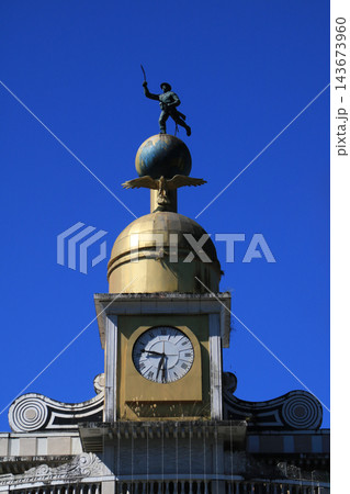 Clock tower with Gorka soldier sculpture on top, Bhanu Bhawan, local government office, Darjeeling, India. Clock tower with Gorka soldier sculpture on top, Bhanu Bhawan, local government office, Darjeeling, India. 143673960