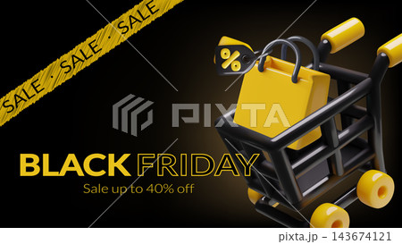 Black Friday shopping banner with black 3D shopping cart yellow shopping bag and discount tag 143674121