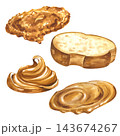 Watercolor peanut butter set with crunchy smear, smooth swirl, toast slice and spread stroke on a isolated background. Perfect for packaging design, food branding, menu templates, and bakery prints 143674267