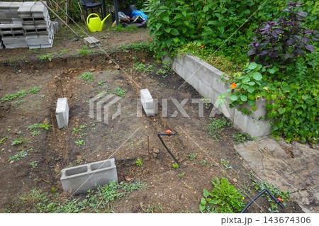 Backyard gardening project building a diy cinder block raised bed for planting vegetables and herbs Backyard gardening project building a diy cinder block raised bed for planting vegetables and herbs 143674306