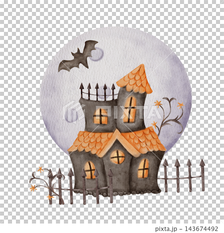 Spooky Cute Haunted Halloween House with Orange Roof, Glowing Windows, Flying Bat and Iron Fence on a moon background. Watercolor Illustration. Spooky Cute Haunted Halloween House with Orange Roof, Glowing Windows, Flying Bat and Iron Fence on a moon background. Watercolor Illustration. 143674492