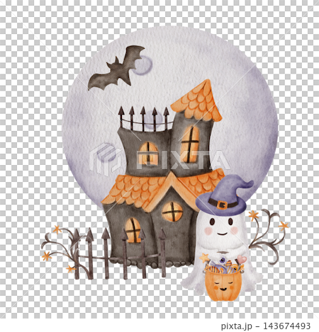 Cute Halloween Ghost Wearing Purple Witch Hat with Candy Pumpkin Bucket in Front of Haunted House, Whimsical Watercolor Illustration 143674493