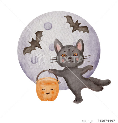 Cute Black Halloween mummy Cat Holding Orange Pumpkin Candy Bucket on a moon background with Flying Bats. Playful Watercolor Trick or Treat Illustration for Kids 143674497