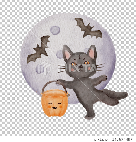 Cute Black Halloween mummy Cat Holding Orange Pumpkin Candy Bucket on a moon background with Flying Bats. Playful Watercolor Trick or Treat Illustration for Kids Cute Black Halloween mummy Cat Holding Orange Pumpkin Candy Bucket on a moon background with Flying Bats. Playful Watercolor Trick or Treat Illustration for Kids 143674497