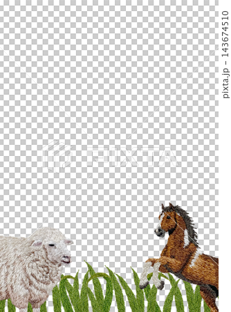 [Vertical frame of sheep, horses, and grassland] Hand-embroidered illustration material 143674510