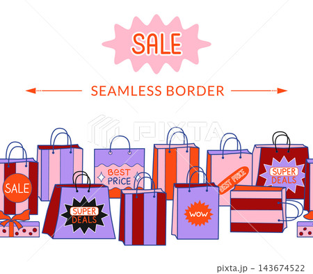 Shopping bags vector seamless border. Divider frame with vibrant paper bags with sale badges isolated on white background. Retail discount promotion design for Black Friday marketing campaign Shopping bags vector seamless border. Divider frame with vibrant paper bags with sale badges isolated on white background. Retail discount promotion design for Black Friday marketing campaign 143674522