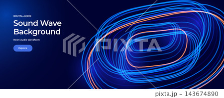 Digital audio landing page with glowing neon sound wave loops on a dark blue background. Abstract music visualization for an audio technology website. Vector Illustration Digital audio landing page with glowing neon sound wave loops on a dark blue background. Abstract music visualization for an audio technology website. Vector Illustration 143674890