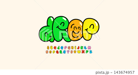 Drop bubble letters, cute alphabet in cartoon graffiti style, funny font for childrens books, birthday greetings, kid game logos, shirt typography, cool playful design. Vector typographic design. Drop bubble letters, cute alphabet in cartoon graffiti style, funny font for childrens books, birthday greetings, kid game logos, shirt typography, cool playful design. Vector typographic design. 143674957