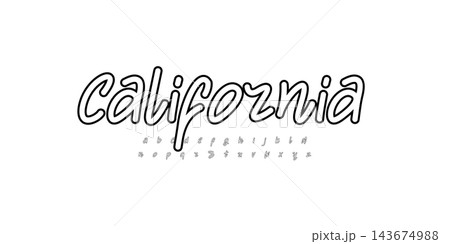California font, marker letters, graffiti-inspired shadowed alphabet, playful rounded typography. Handdrawn script for youth logo, artistic calligraphy, brush script typography. Vector typeset. California font, marker letters, graffiti-inspired shadowed alphabet, playful rounded typography. Handdrawn script for youth logo, artistic calligraphy, brush script typography. Vector typeset. 143674988