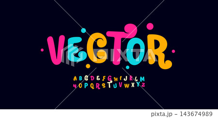 Vector vibrant festival alphabet, spirited colourful letters, joyous event font for lively invitations, energetic headline, playful typography for festive designs and promotional. Vector typeset 143674989