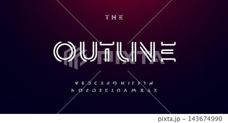 Outline alphabet. Outline thin lines font like road, maze, frame. Futuristic techno type for scifi logo, contour neon headline or hud monogram. Minimal letters and numbers vector typographic design. Outline alphabet. Outline thin lines font like road, maze, frame. Futuristic techno type for scifi logo, contour neon headline or hud monogram. Minimal letters and numbers vector typographic design. 143674990
