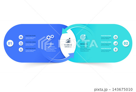 Modern Venn diagram infographic arrow template featuring two overlapping circles with comparison and relationship visualization. 143675010