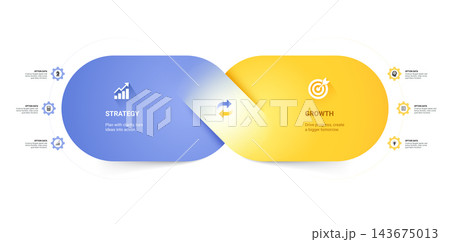 Modern Venn diagram infographic arrow template featuring two overlapping circles with comparison and relationship visualization. 143675013