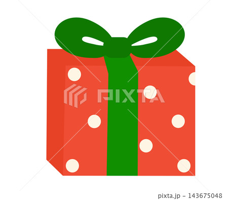 Red polka dot gift box with green ribbon bow christmas present element sticker print visual graphic clipart artwork design icon illustration 143675048