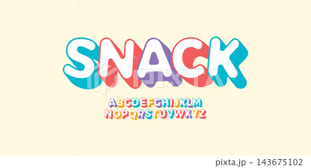 Snack 3D letter set for Kids Zone. Font for children birthday party, festive, kids logo or colorful funny poster. Simple flat multi color alphabet. Vector typography 143675102