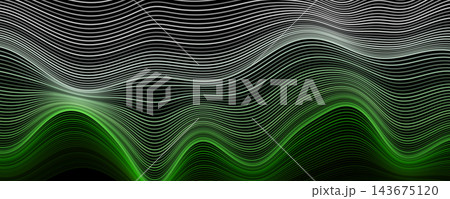 Abstract Green Wave Background With Flowing Parallel Lines And Layered Monochrome Curves On Black, Ideal For Technology, Sound And Data Design. Vector Illustration. Abstract Green Wave Background With Flowing Parallel Lines And Layered Monochrome Curves On Black, Ideal For Technology, Sound And Data Design. Vector Illustration. 143675120