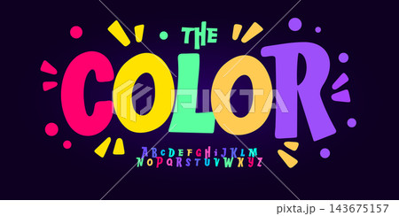 groovy bouncy font logo alphabet festive disco bold colorful playful typography for kids birthday, witty carnival poster, quirky funny headline, creative party title text. Vector typeset 143675157