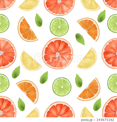 Seamless watercolor pattern with pieces of grapefruit, orange, lime and lemon and mint. The illustration is made by hand on a white background. textiles, wallpaper, dishes. Seamless watercolor pattern with pieces of grapefruit, orange, lime and lemon and mint. The illustration is made by hand on a white background. textiles, wallpaper, dishes. 143675192