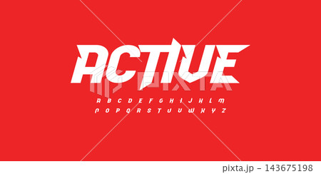 Active bold font, red Italic speed alphabet with bevel inside letters. Dynamic headline and superhero logo. Type for sport, race, gym, car, automotive, shirts, game. Vector typography 143675198