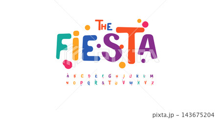 Fiesta colorful alphabet, playful carnival letters, funny festival font for bright fiesta logo, mexican headline, birthday and greeting card typography, thank you phrases. Vector typographic design Fiesta colorful alphabet, playful carnival letters, funny festival font for bright fiesta logo, mexican headline, birthday and greeting card typography, thank you phrases. Vector typographic design 143675204