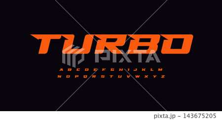 Turbo alphabet, wide bold font for powerful dynamic lettering, swift automotive logo, energetic daring headline, car racing branding. Orange letters on black BG. Vector typeset Turbo alphabet, wide bold font for powerful dynamic lettering, swift automotive logo, energetic daring headline, car racing branding. Orange letters on black BG. Vector typeset 143675205