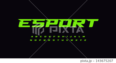 Esport alphabet, wide bold font for powerful dynamic lettering, swift automotive logo, energetic daring headline, car racing branding. Green letters on black BG. Vector typeset Esport alphabet, wide bold font for powerful dynamic lettering, swift automotive logo, energetic daring headline, car racing branding. Green letters on black BG. Vector typeset 143675207