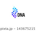 DNA logo featuring an abstract double helix built from connected molecular shape and dots in a blue and purple gradient. Ideal for genetics, biotechnology, science, medicine, research, and innovation. 143675215