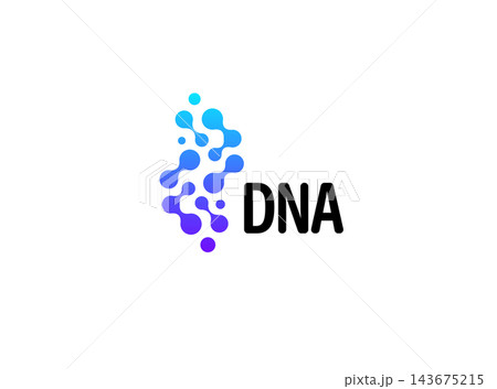 DNA logo featuring an abstract double helix built from connected molecular shape and dots in a blue and purple gradient. Ideal for genetics, biotechnology, science, medicine, research, and innovation. 143675215