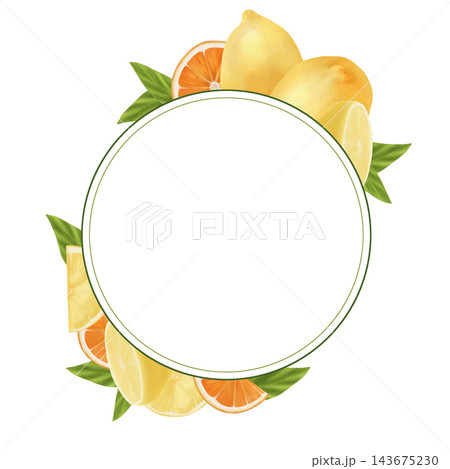 Round lemon frame with orange slices and leaves. The watercolor illustration on a white background is hand-drawn. Suitable for postcards, menus. 143675230