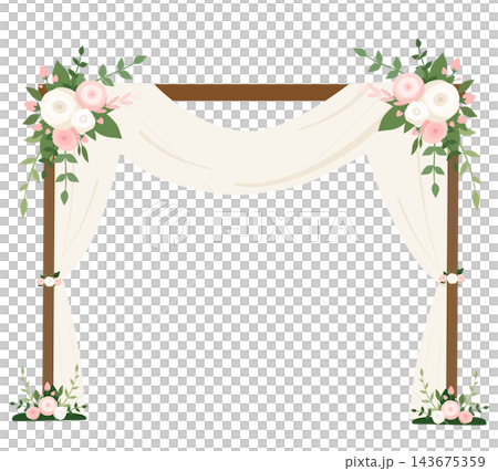 Wedding arch with white fabric curtain and flowers romantic element sticker print visual graphic clipart artwork design icon illustration 143675359