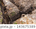 Deep excavation trenches cut into clay and sandy soil 143675389