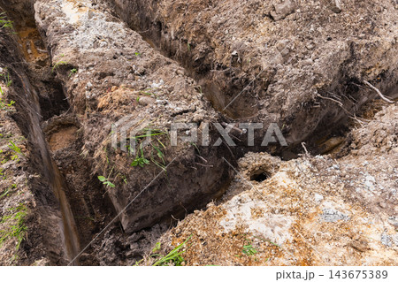 Deep excavation trenches cut into clay and sandy soil Deep excavation trenches cut into clay and sandy soil 143675389