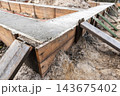 Concrete foundation pour inside wooden formwork 143675402