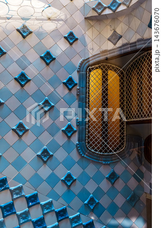 Blue and white glazed tiles in the Casa Batllo stairwell Blue and white glazed tiles in the Casa Batllo stairwell 143676070