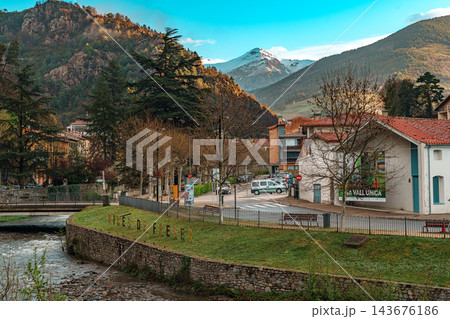 Freser riverbank with Ribes de Fresser lettering and village square in Catalan Pyrenees 143676186