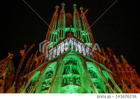 Sagrada Familia Passion facade glowing at night 143676236