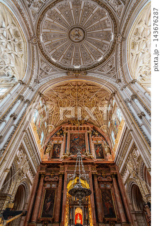 Gilded Renaissance vault and marble high altar of the cathedral nave inside the Mosque-Cathedral of Cordoba Gilded Renaissance vault and marble high altar of the cathedral nave inside the Mosque-Cathedral of Cordoba 143676287