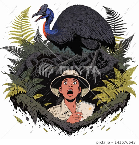 The comic-style image depicts a large cassowary bird 143676645