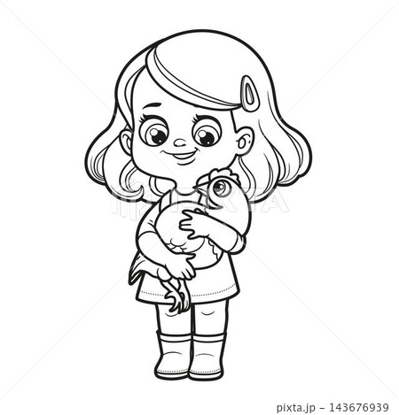 Cute cartoon girl holding a hen in hands outlined for coloring page on white background Cute cartoon girl holding a hen in hands outlined for coloring page on white background 143676939
