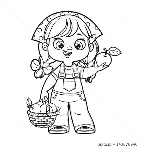 Cute cartoon girl holding an apple and a basket of apples in hand outlined for coloring page on white background Cute cartoon girl holding an apple and a basket of apples in hand outlined for coloring page on white background 143676940