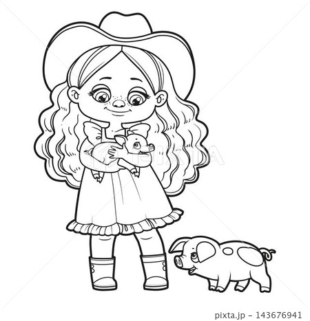 Cute cartoon girl holding little pig in her hands and a pig nearby outlined for coloring page on white background Cute cartoon girl holding little pig in her hands and a pig nearby outlined for coloring page on white background 143676941