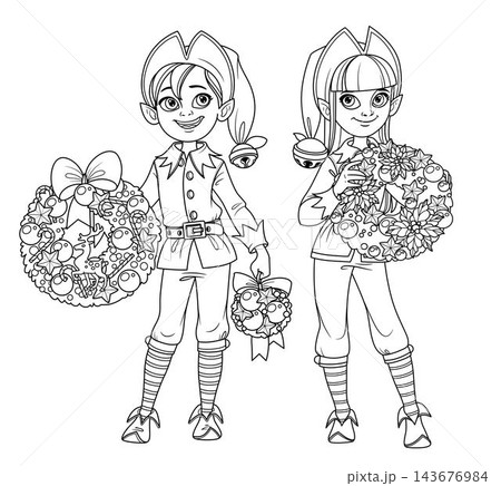 Cute teen boy and girl in costumes elf holding christmas wreath outlined for coloring page Cute teen boy and girl in costumes elf holding christmas wreath outlined for coloring page 143676984
