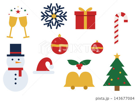 Colorful flat vector collection of Christmas and New Year holiday icons including ornament, champagne glasses, bells, gingerbread man, candy cane, snowflake, snowman, gift box, Santa hat and tree 143677084