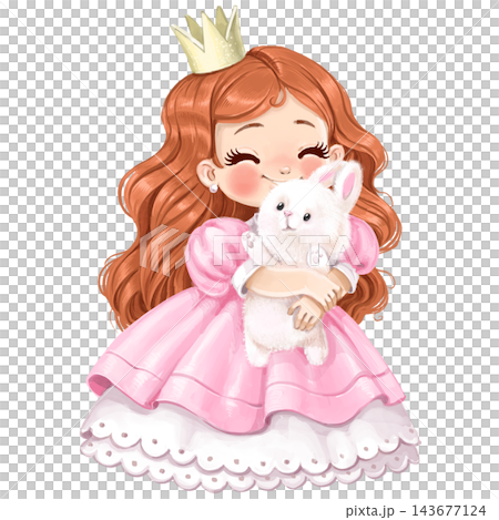 Cute cartoon princess in a voluminous pink dress hugs white rabbit toy watercolor paint 143677124