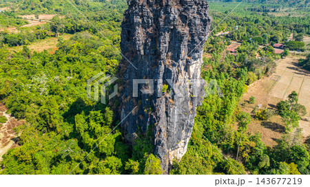 Dramatic Limestone Peaks Over Verdant Countryside in Laos 143677219
