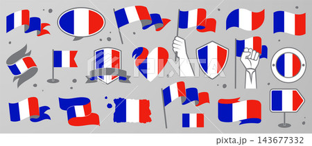 France Flag Set in Different Styles, Retro and Modern Ribbons, Shields, Badges, Hearts, Textured Icon, Hand Held Flags, Vector Design Elements 143677332
