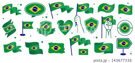 Brazil Flag Set in Different Styles, Brazilian Pennants, Ribbons, Shields, Badges, Hearts, Hand Held Flags, Textured Vector Design Elements Brazil Flag Set in Different Styles, Brazilian Pennants, Ribbons, Shields, Badges, Hearts, Hand Held Flags, Textured Vector Design Elements 143677338